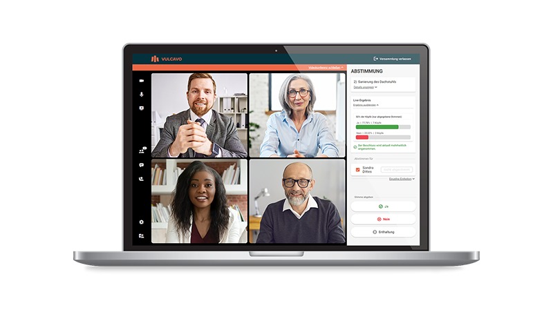 Laptop mit virtueller Eigentümerversammlung und online Videokonferenzteilnehmern in der Softwarelösung Vulcavo