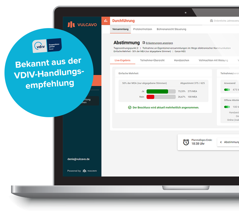 Vulcavo Software für digitale Eigentümerversammlungen in einem Laptop mit VDIV Logo